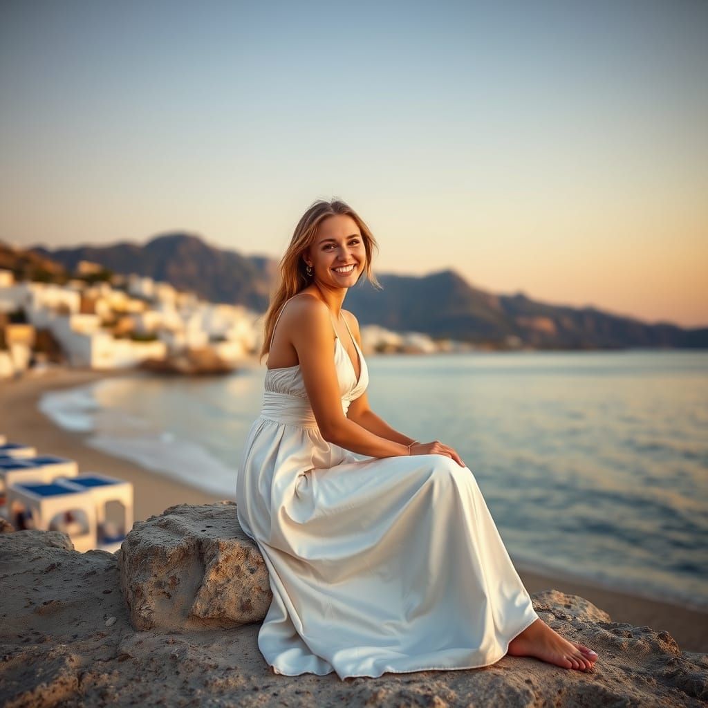 Woman in White Dress on Greek Beach at Sunset