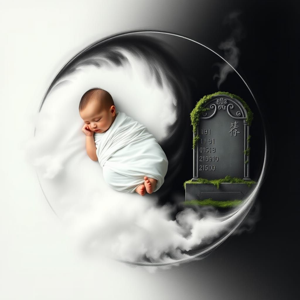Newborn and Gravestone in Yin Yang Symbol