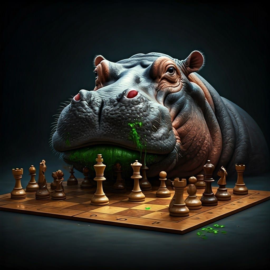 Giant Hippo Eats Chessboard in Retro Toy Style