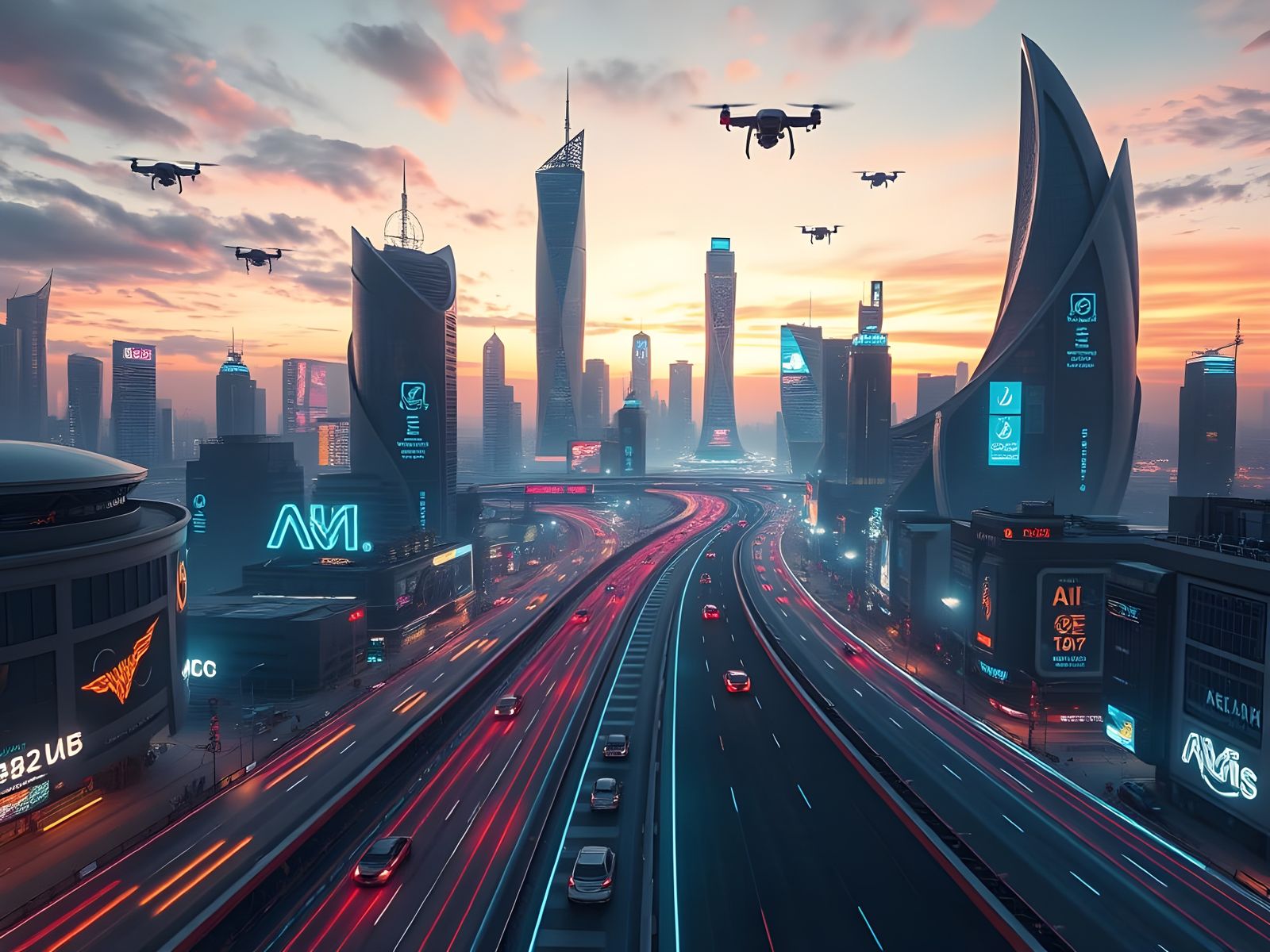 Cyberpunk Cityscape at Night, Futuristic Urban Landscape wit...