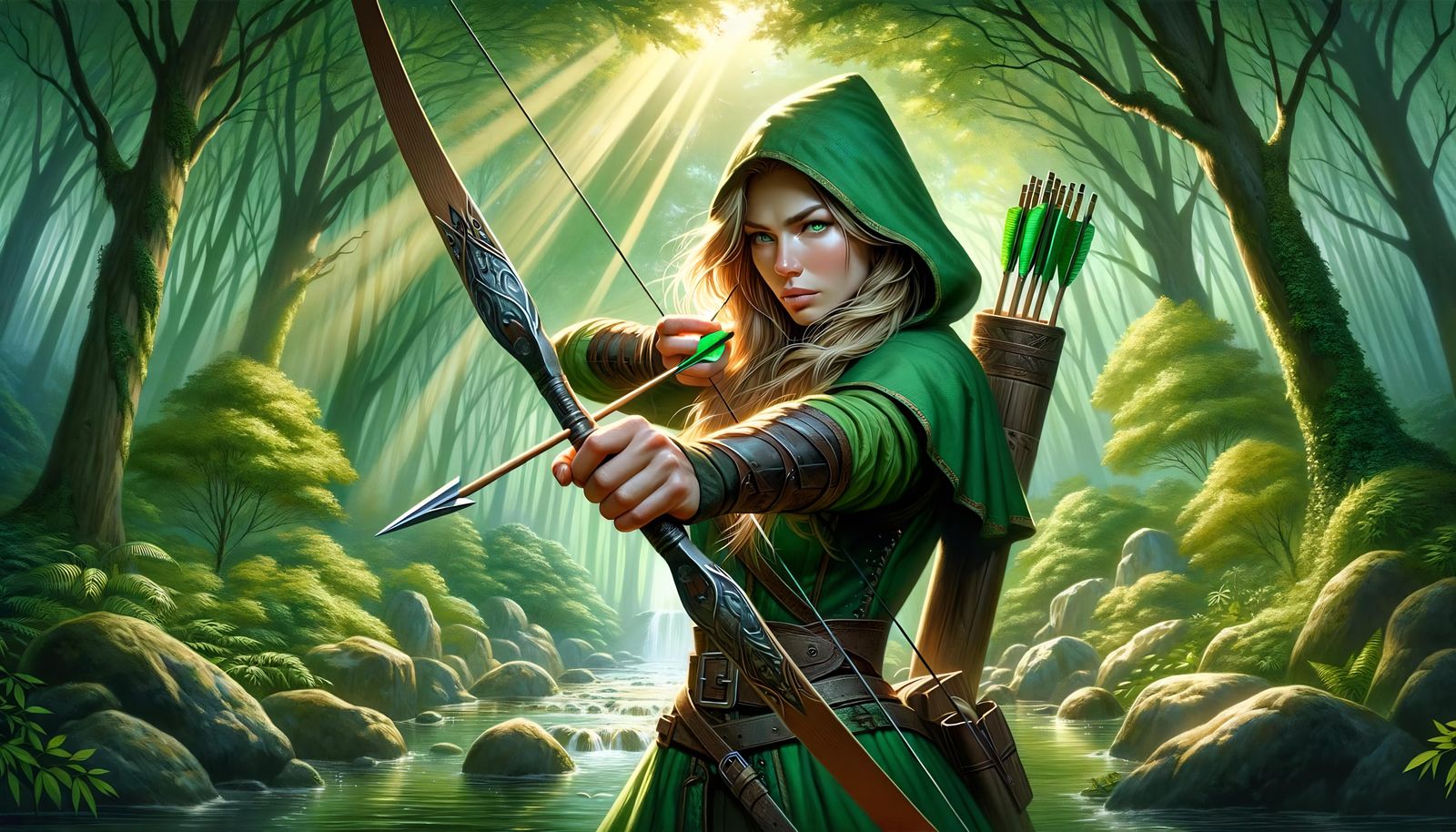 Blonde Archer Ready to Strike in Forest