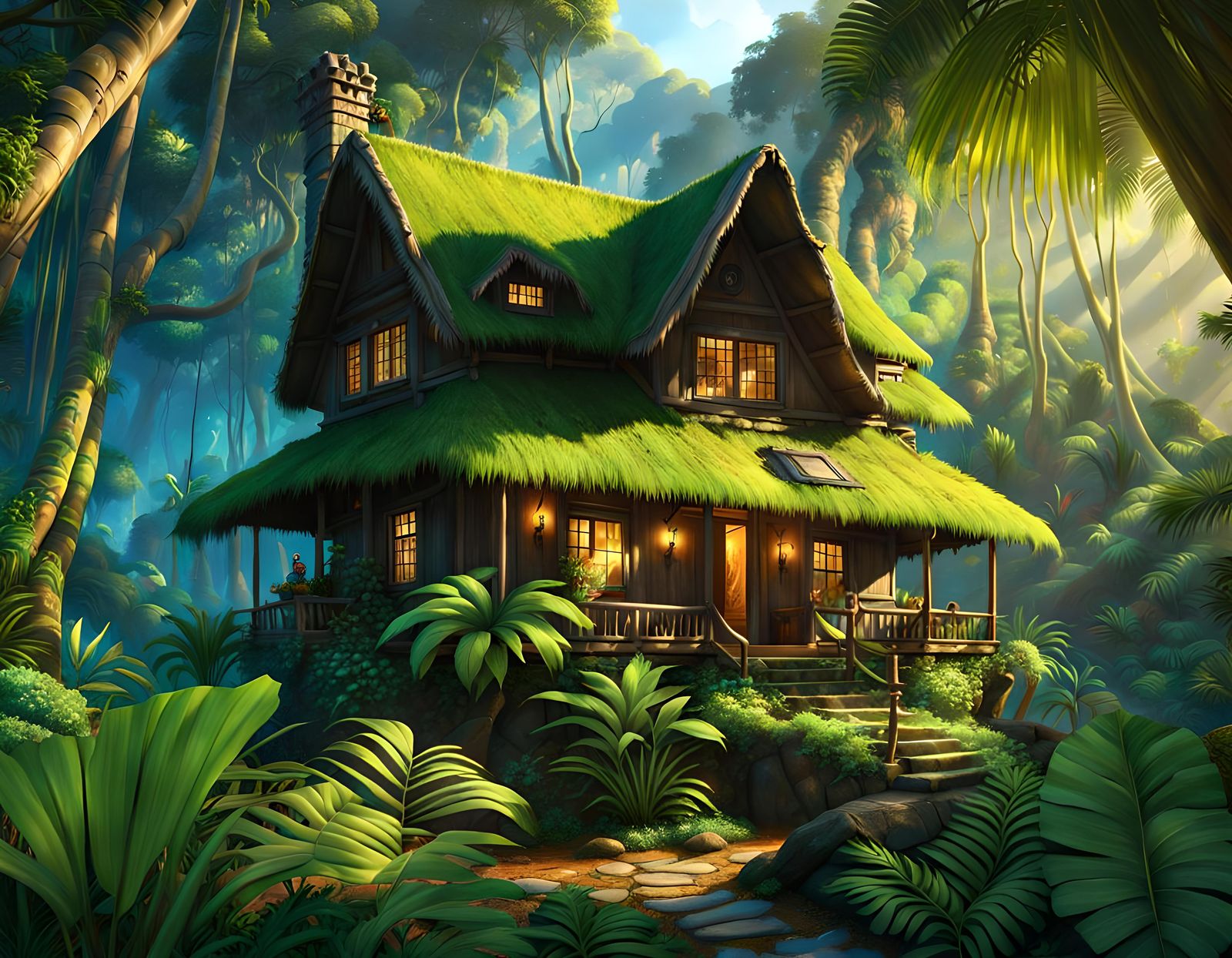 Jungle Cottage: Detailed Digital Landscape Painting