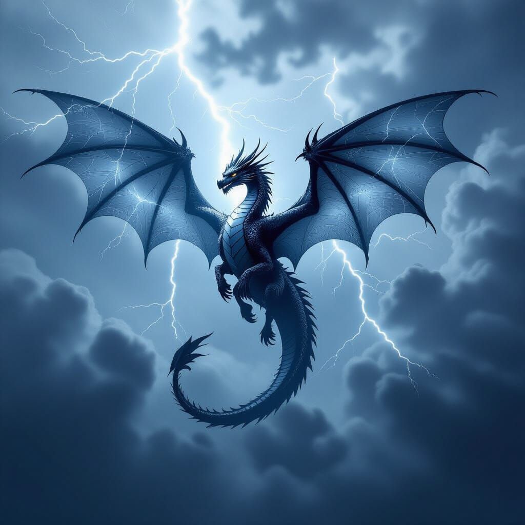 Silver Dragon Silhouette in Stormy Sky Double Exposure