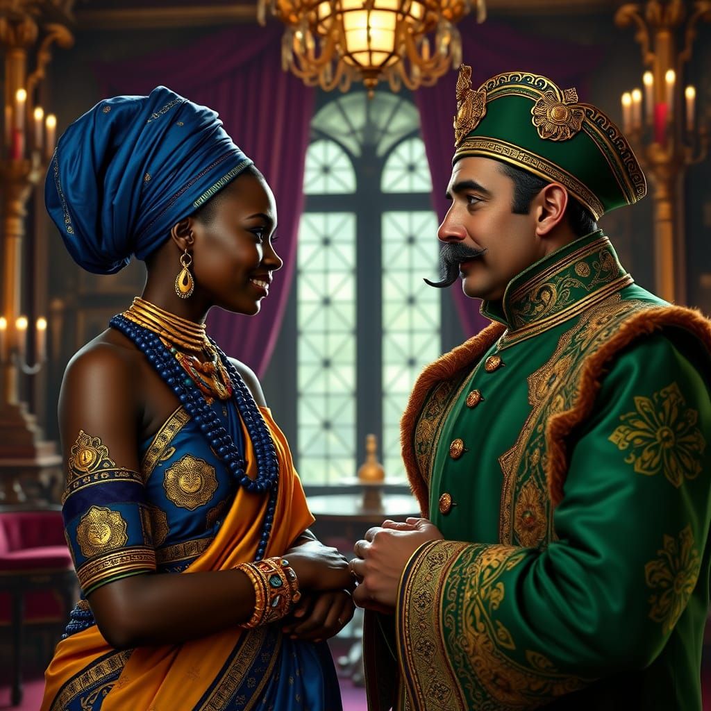 Masai Woman and Renaissance Gentleman in Italian Palace