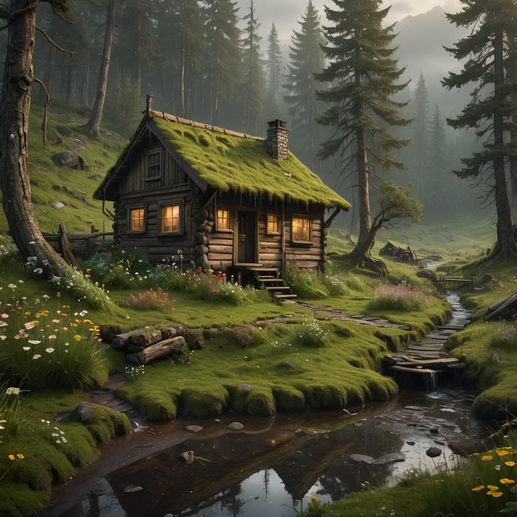 Secluded Valley Cabin in Rain, Dark Fantasy Art