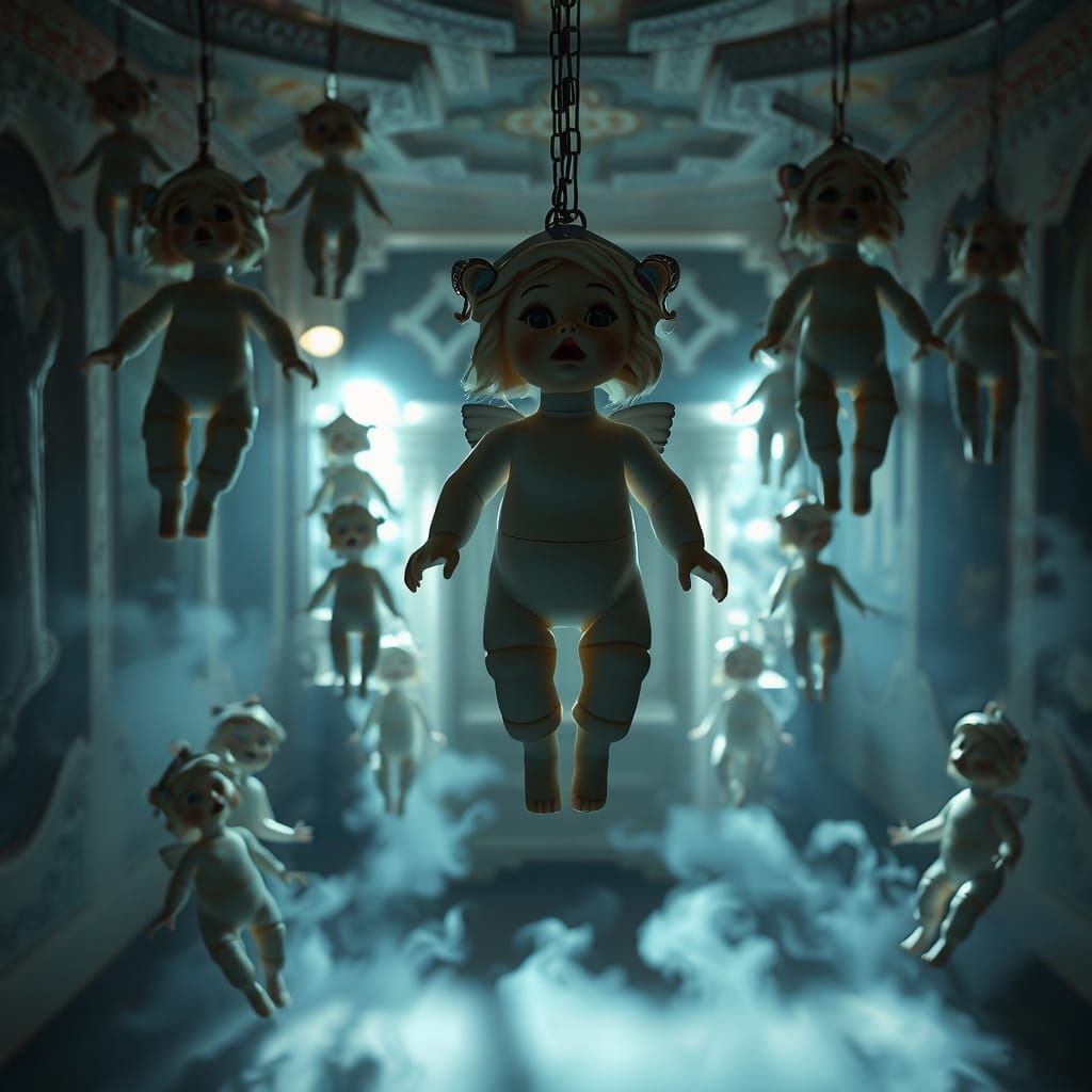 Surreal Antique Room with Floating Dolls in Ethereal Mist