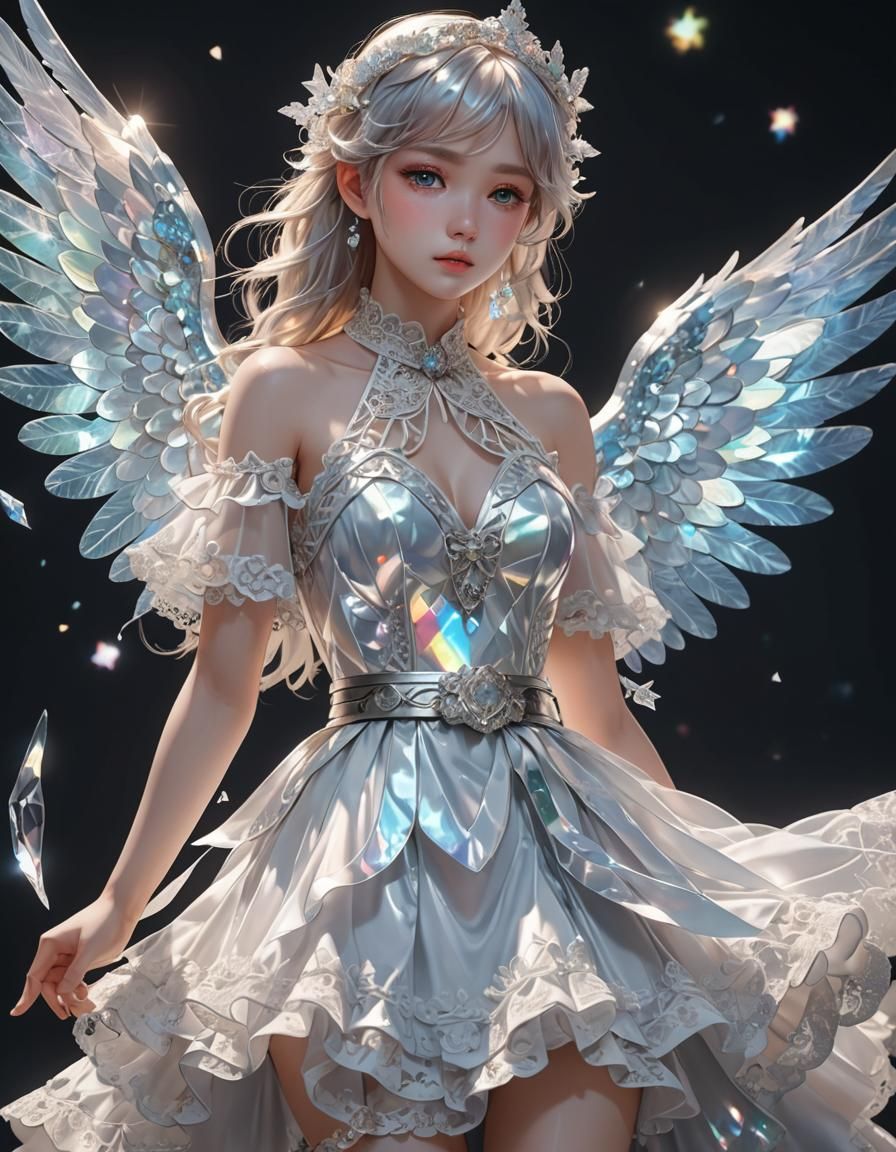 Iridescent Angel in Flowing Lace Dress, 3D Anime Art