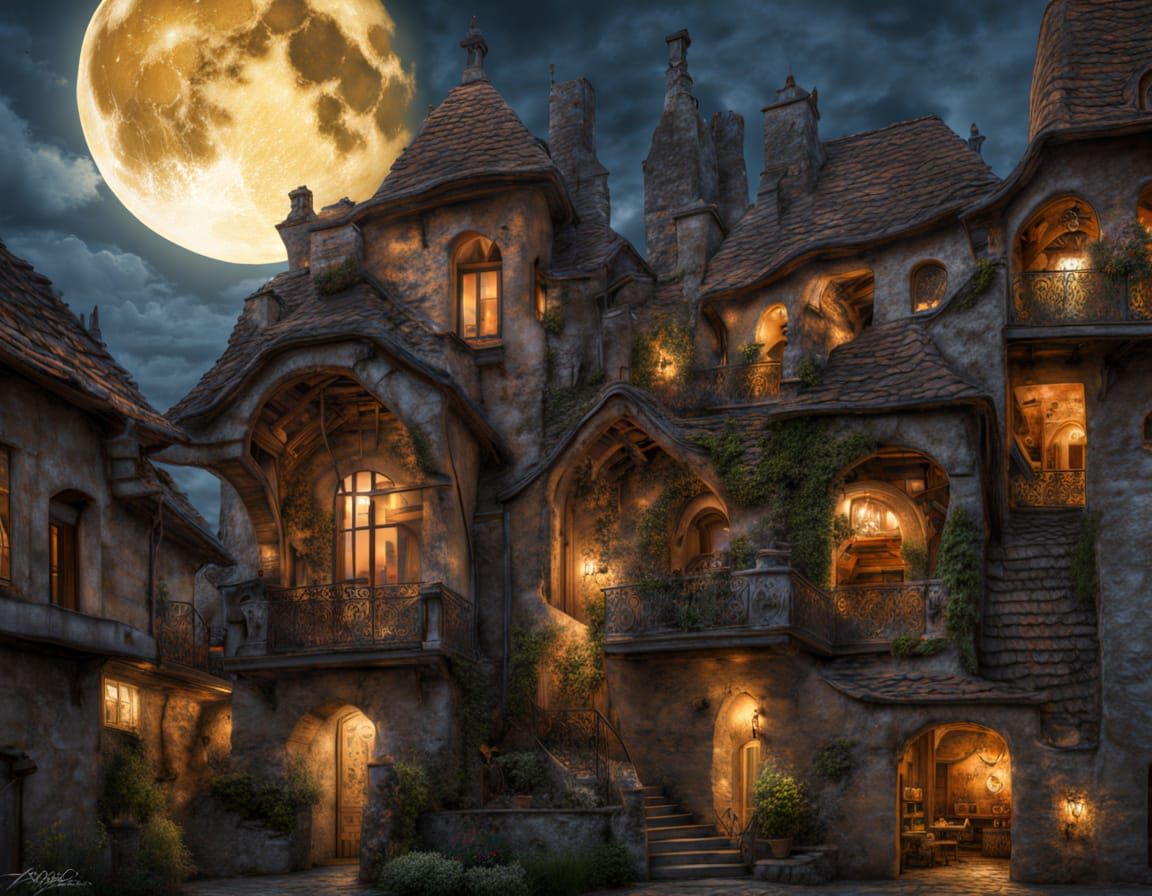 Full Moon Over Modern Village Architecture