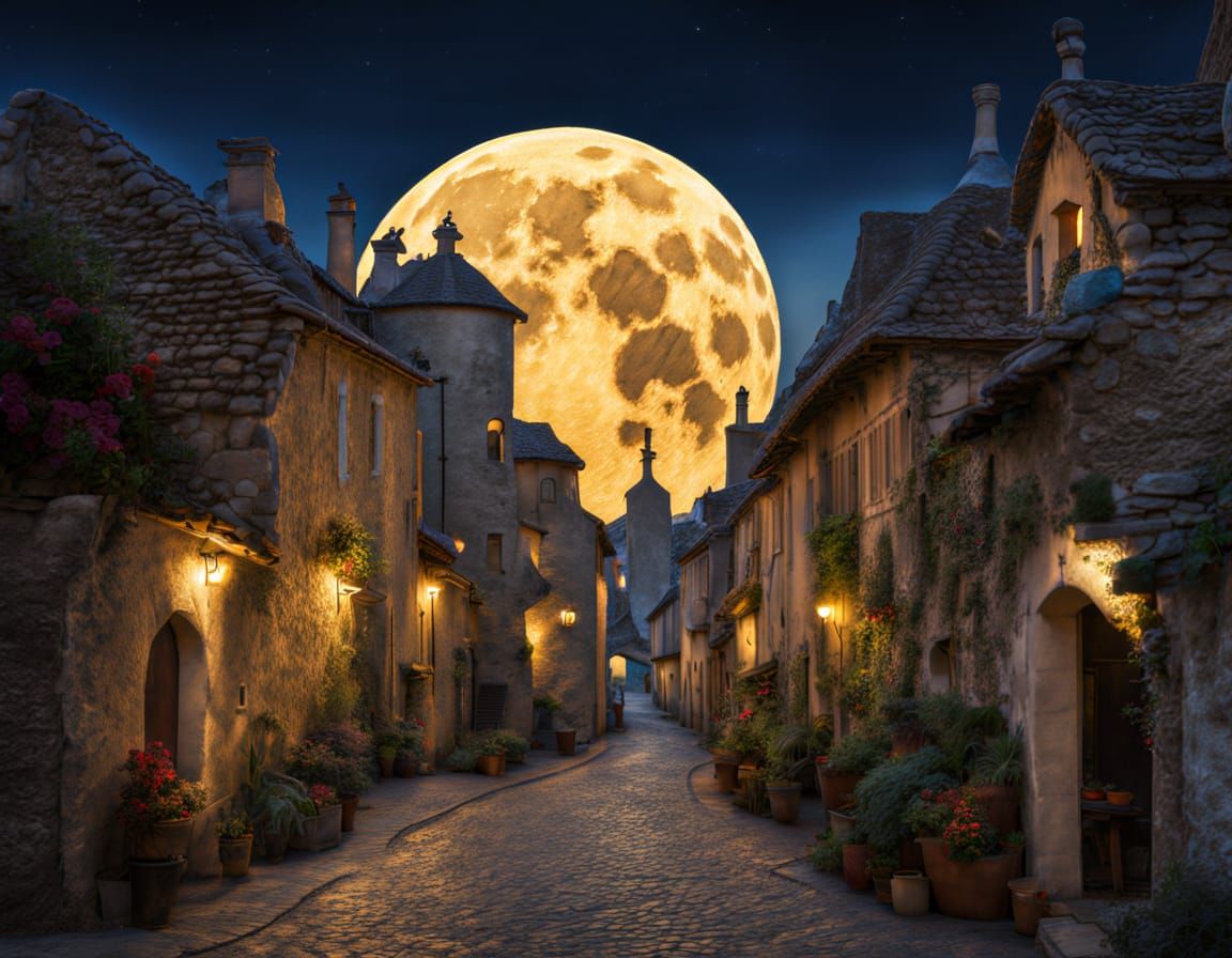 Full Moon Over Modern Village Architecture