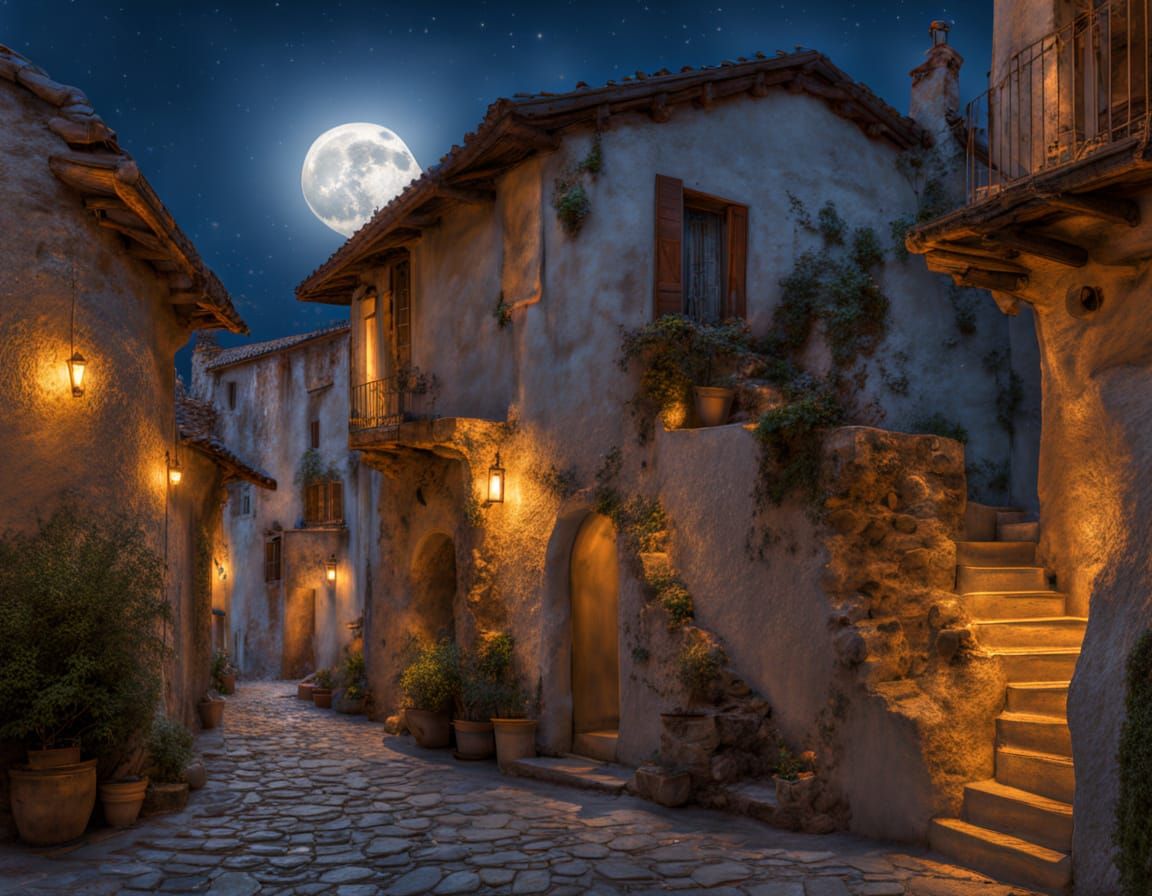 Full Moon Over Modern Village Architecture