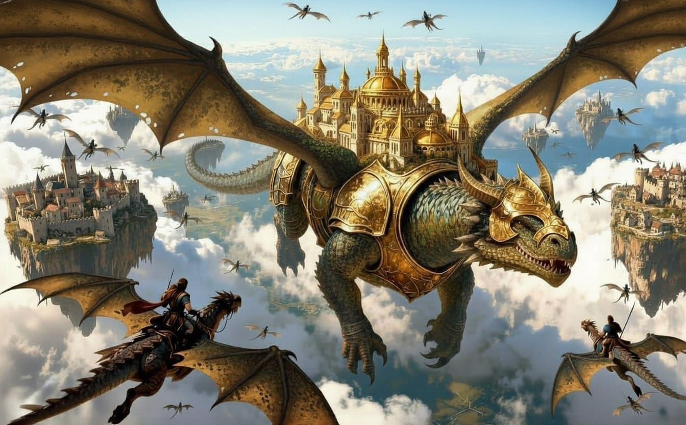 Dragon Riders Carry Medieval City on Giant Dragon Back