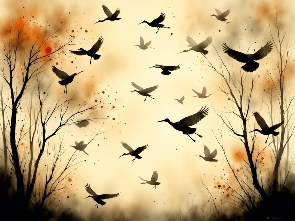 Surreal Art Nouveau Cranes Soar Against Golden Light