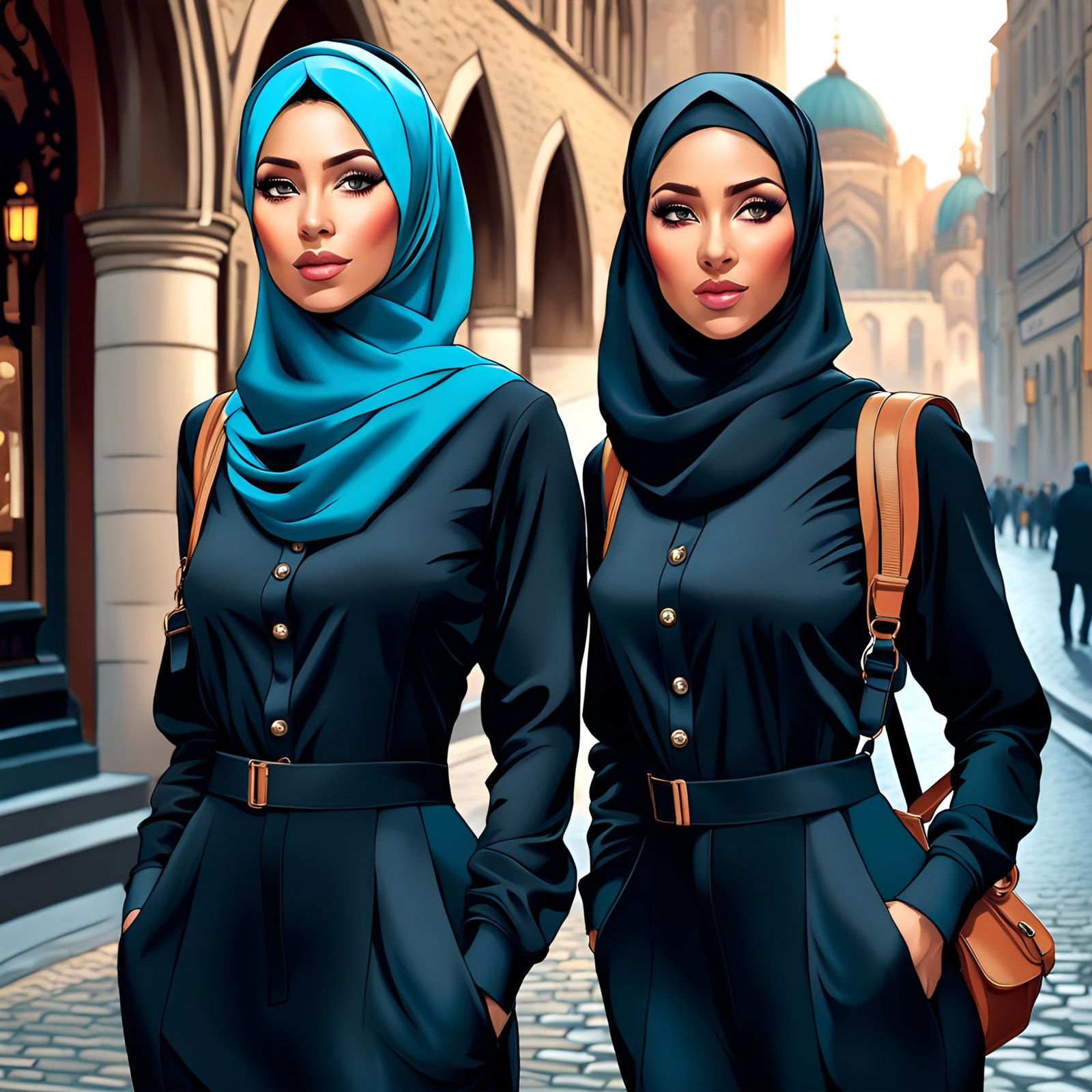 Hijabi Women Hiking in City: Digital Art