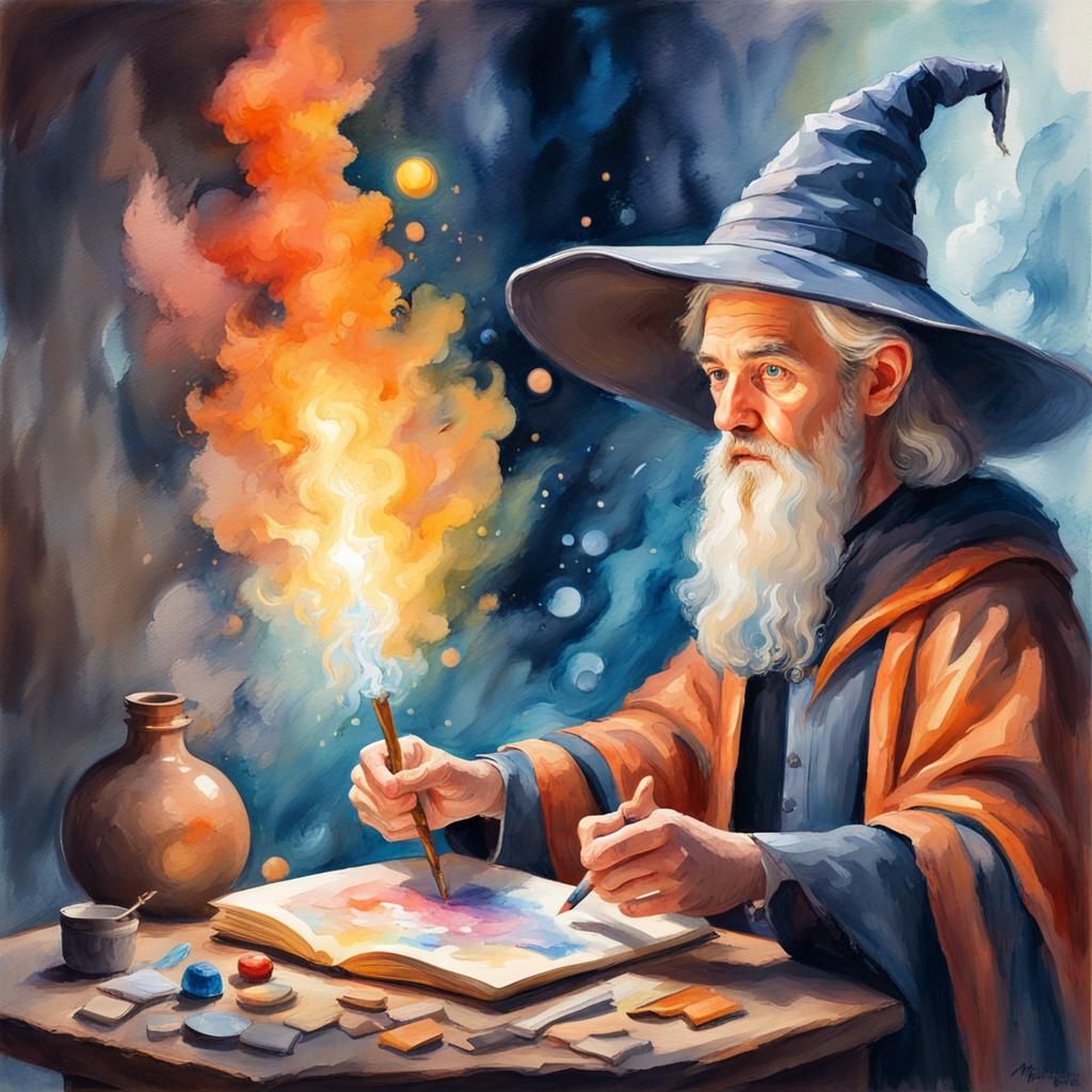 Young Wizard Learning Magic in Gouache Style