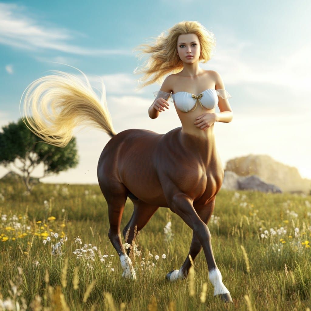 Female Centaur Galloping Across Sunny Meadow
