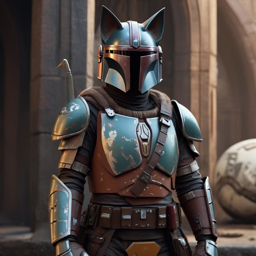 A cat wearing a mandalorian armor with it’s helmet