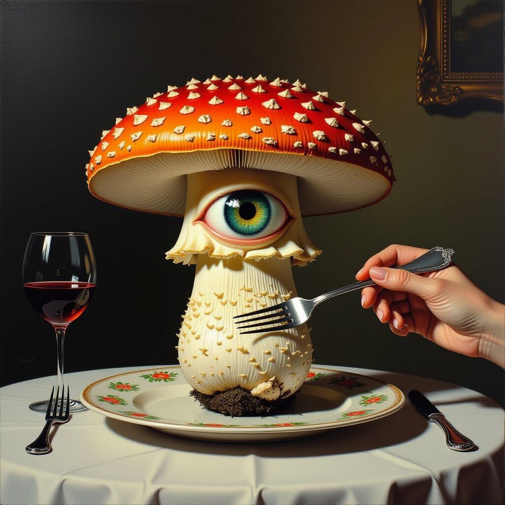 Macabre Mushroom With Eye on Plate in Surreal Dining Room