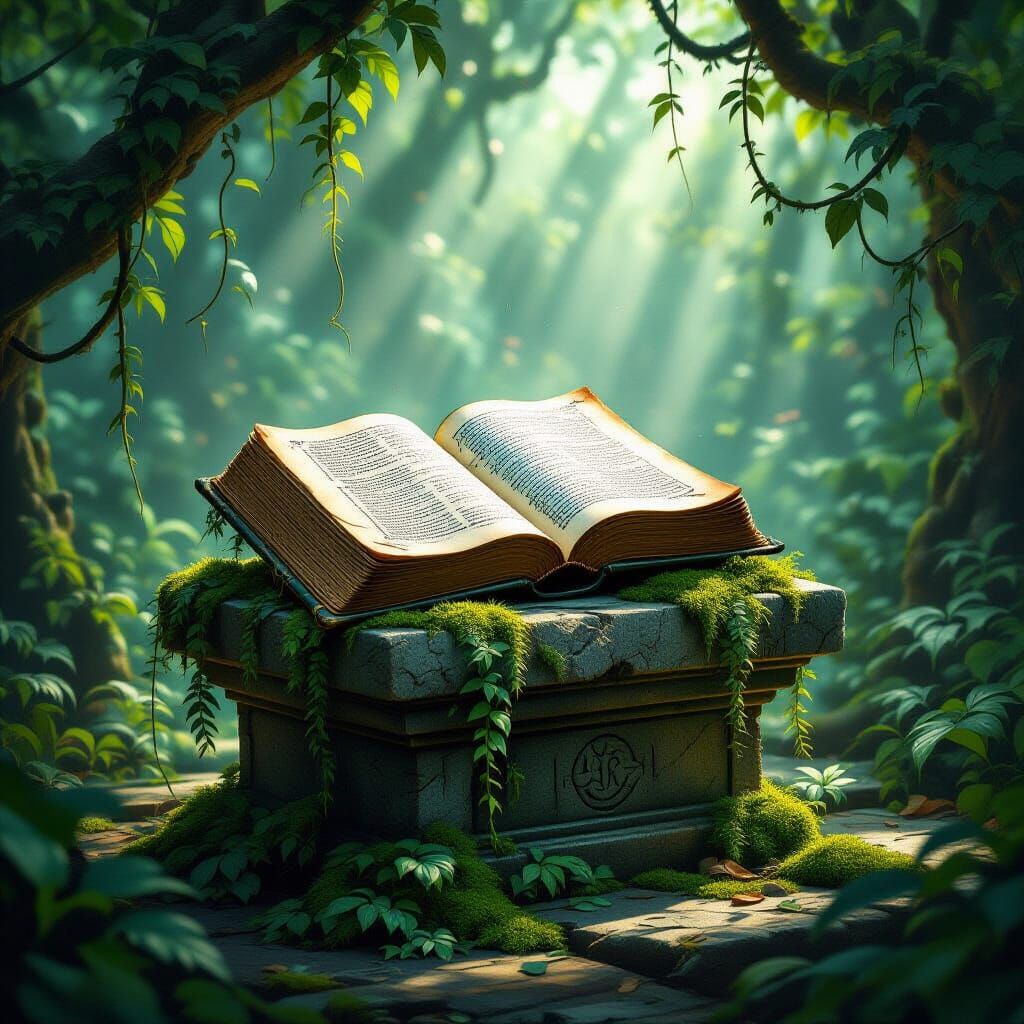 Ancient Tome in Sunlit Jungle Clearing