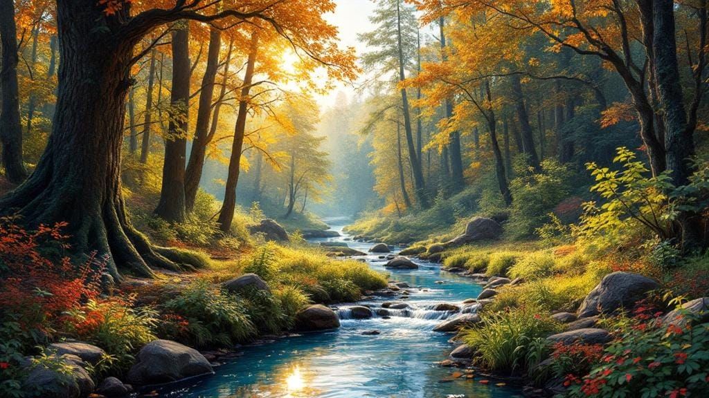 Sunlit Forest Stream: Romantic Landscape Painting