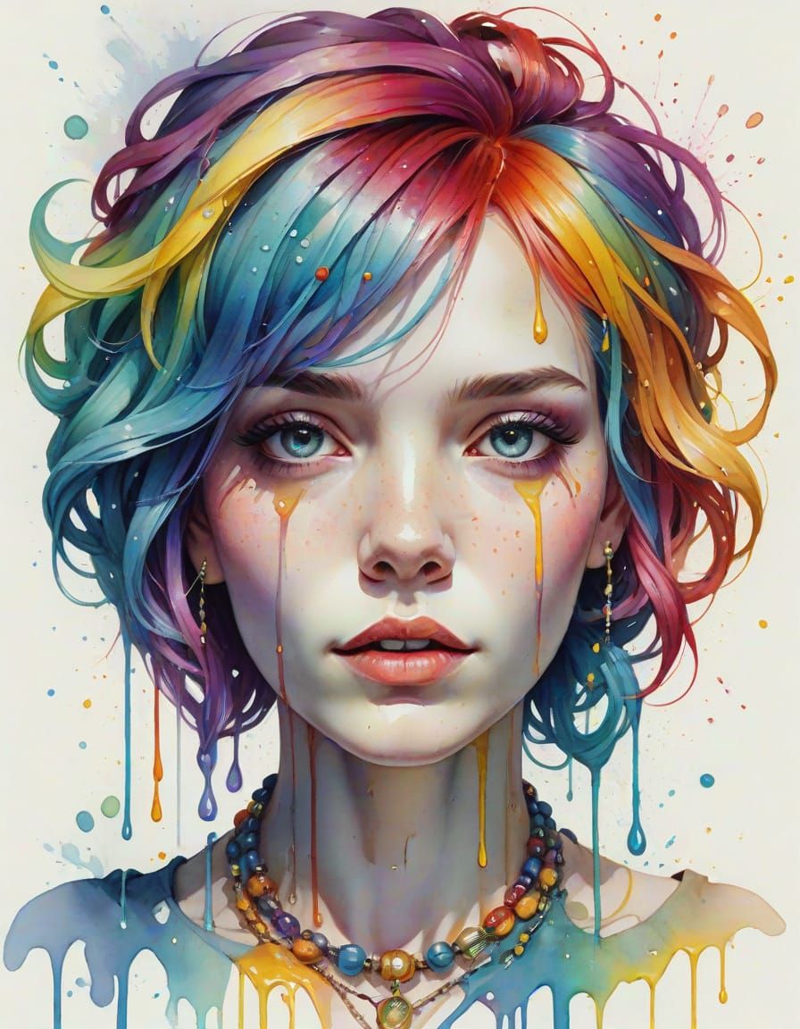 Vibrant Woman with Dripping Paint in a Photorealistic Waterc...