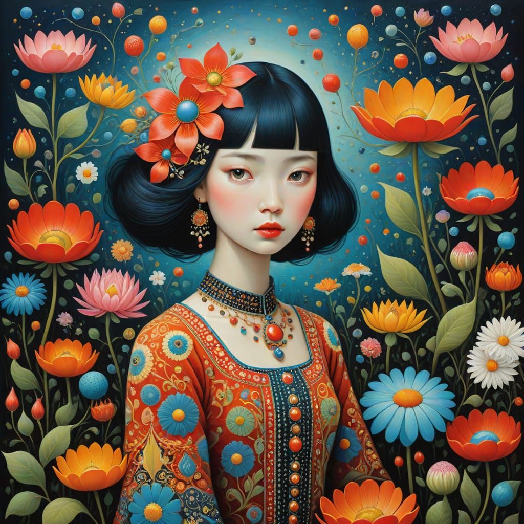 Surreal Folk Art Scene in Vibrant Colors