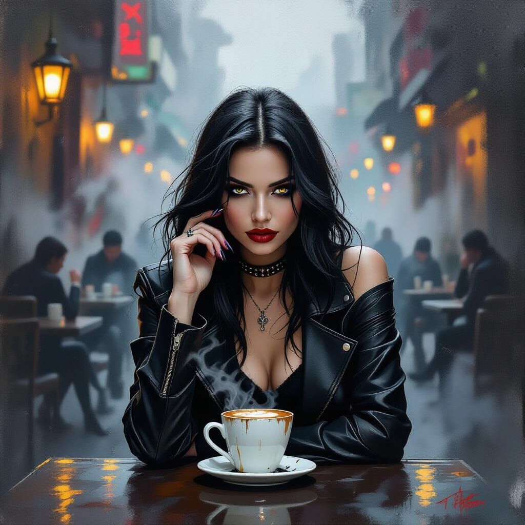 Goth Model in Moody Coffee Shop Painting