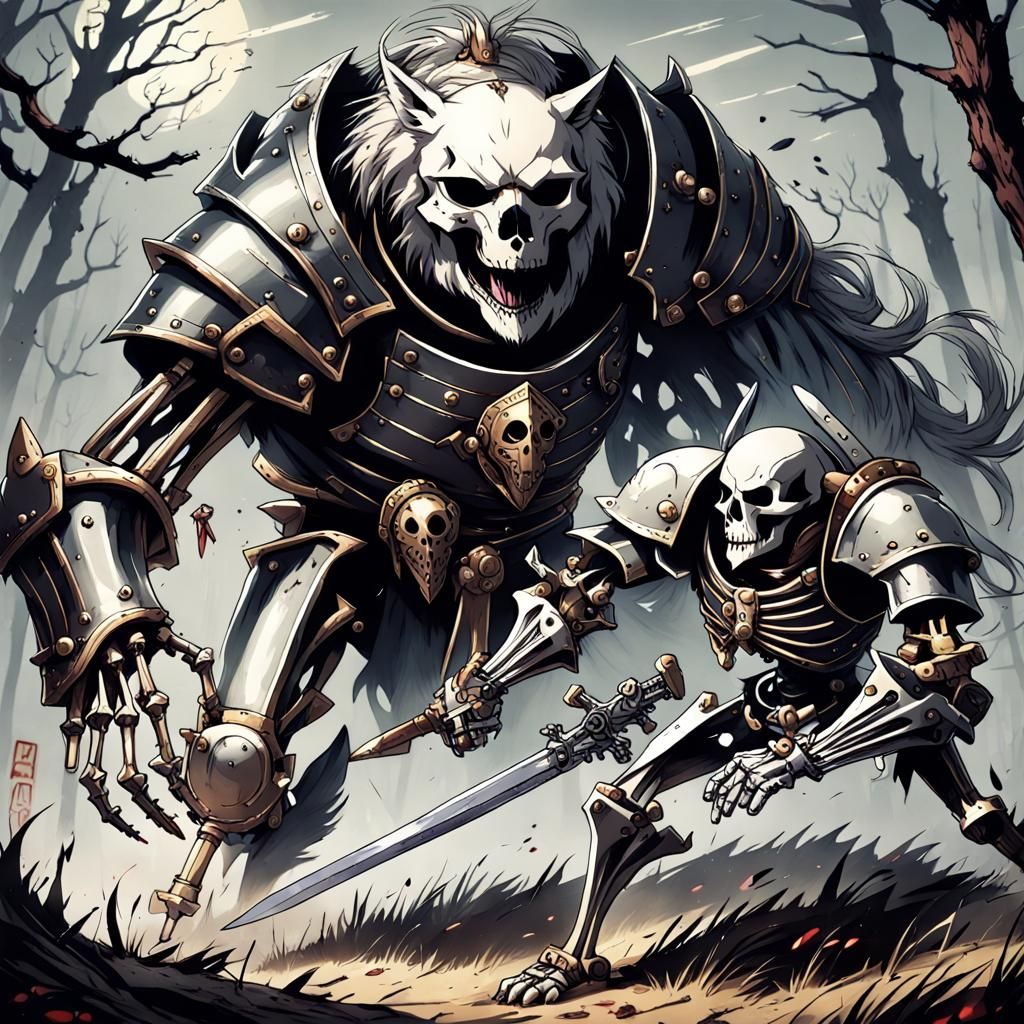 Medieval Cyborg Knight Fighting Wolf in Anime Style