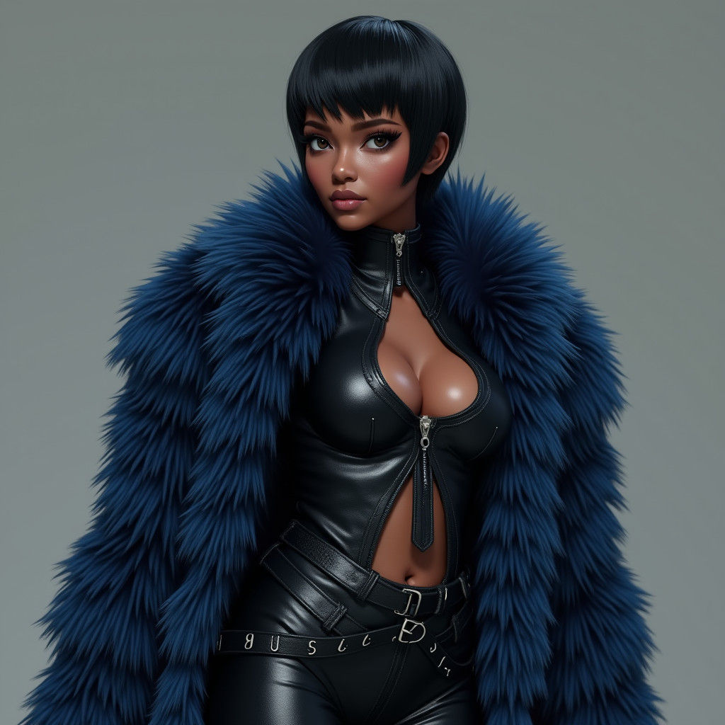 Sleek Black Woman in Fantasy Leather Outfit with Blue Fur Gr...