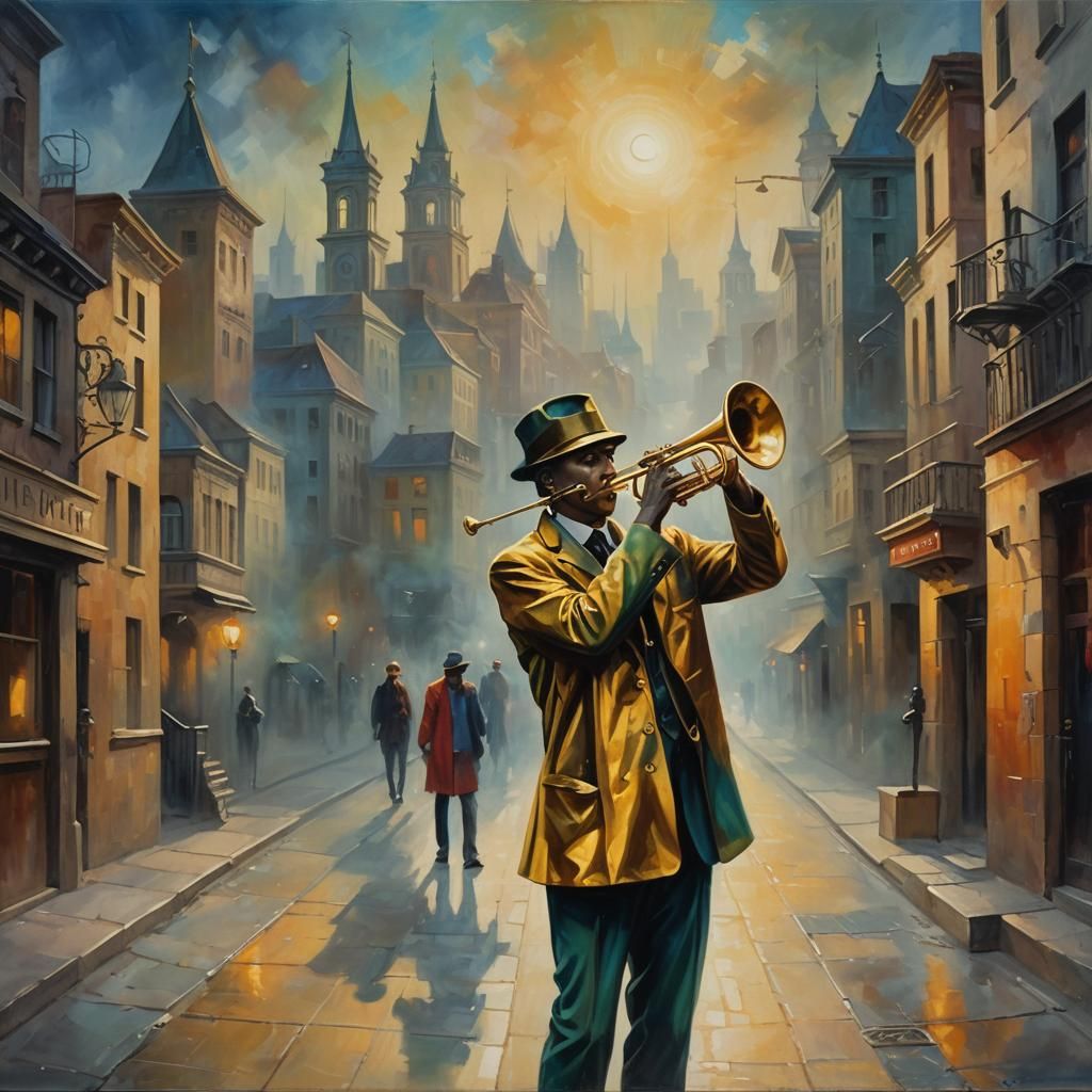 Surreal Trumpet Humanoid in Dreamlike Cityscape