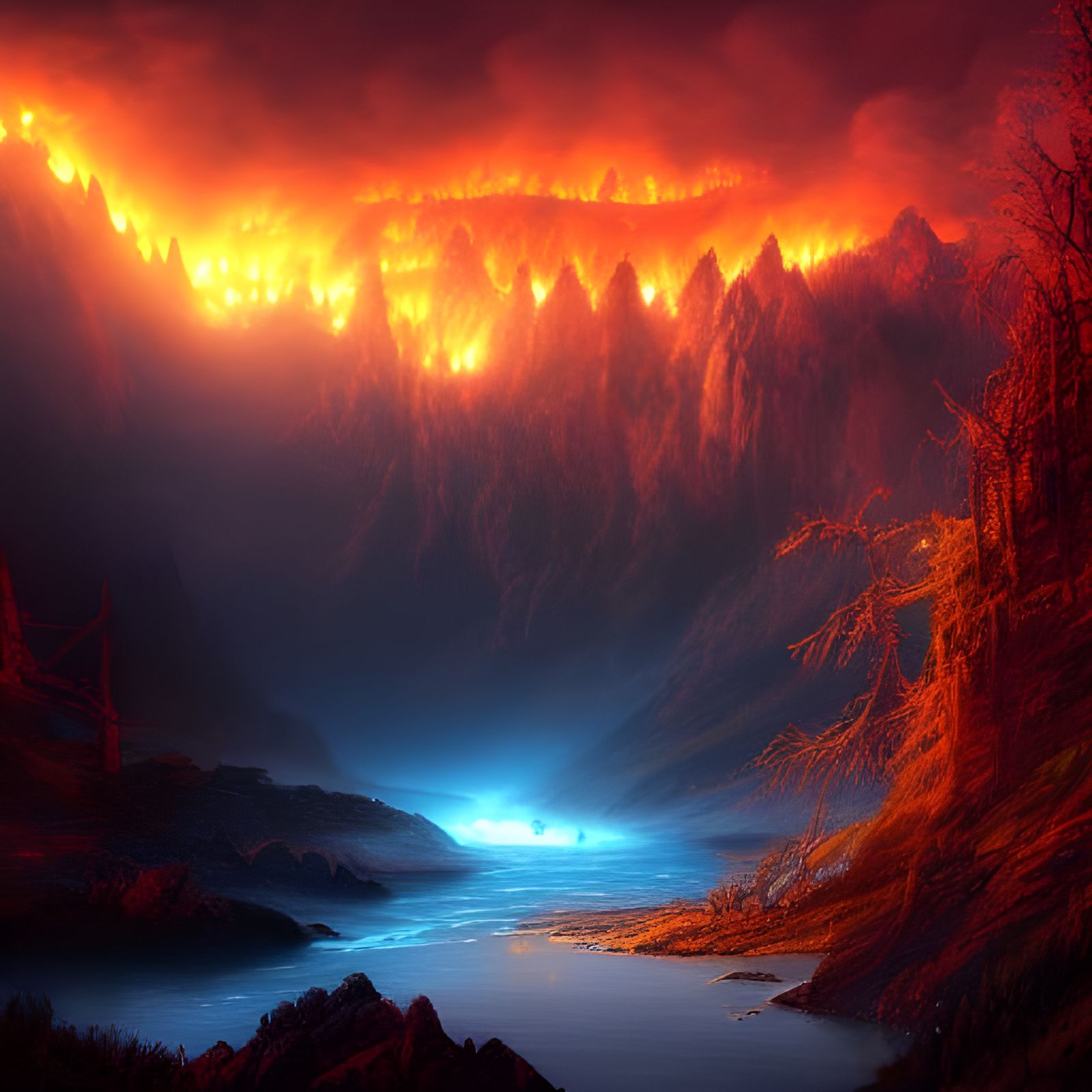 Glowing Fire River in Dark Mountain Landscape