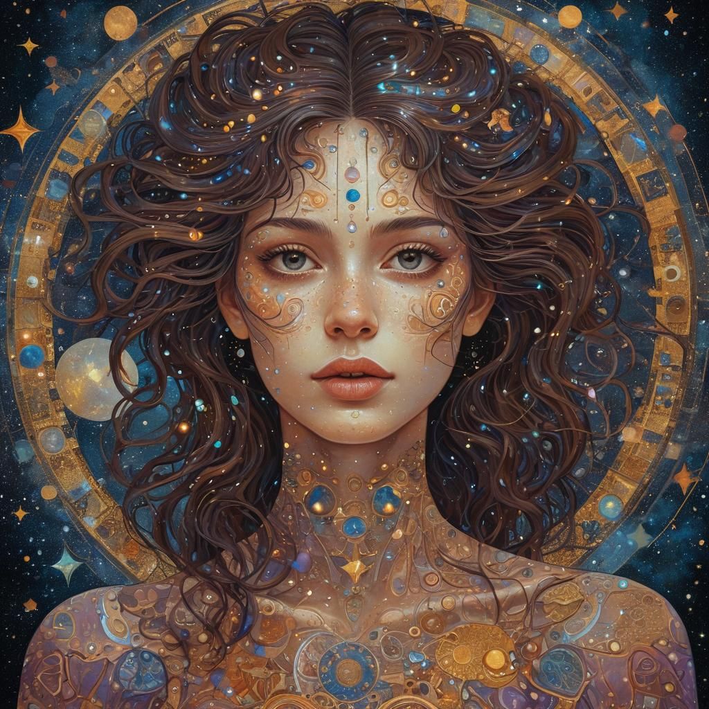 Cosmic Female Portrait in Mixed Media Style