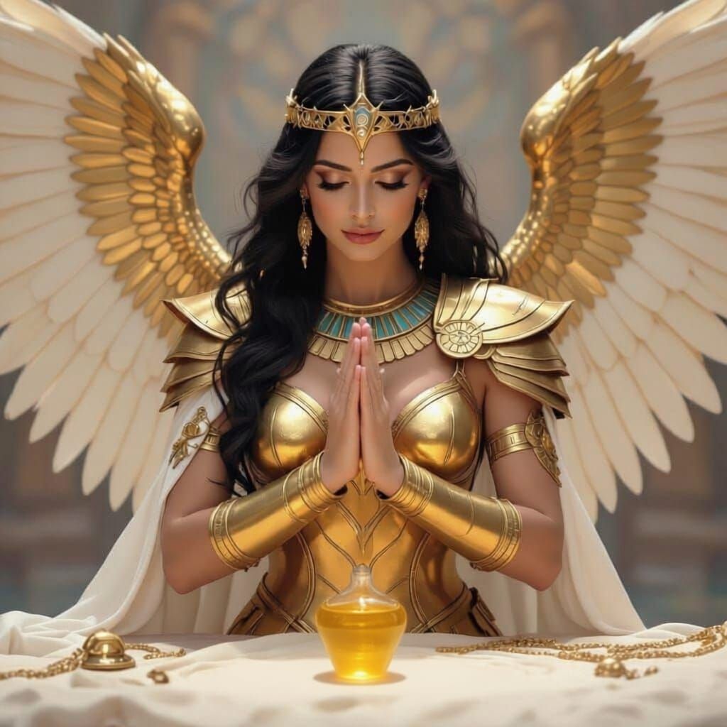 Winged Warrior Anointing Golden Armor in Prayer