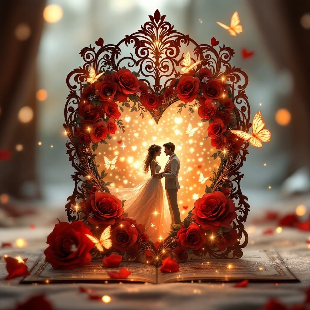 Romantic Art Nouveau Wedding Scene with Swirling Patterns an...