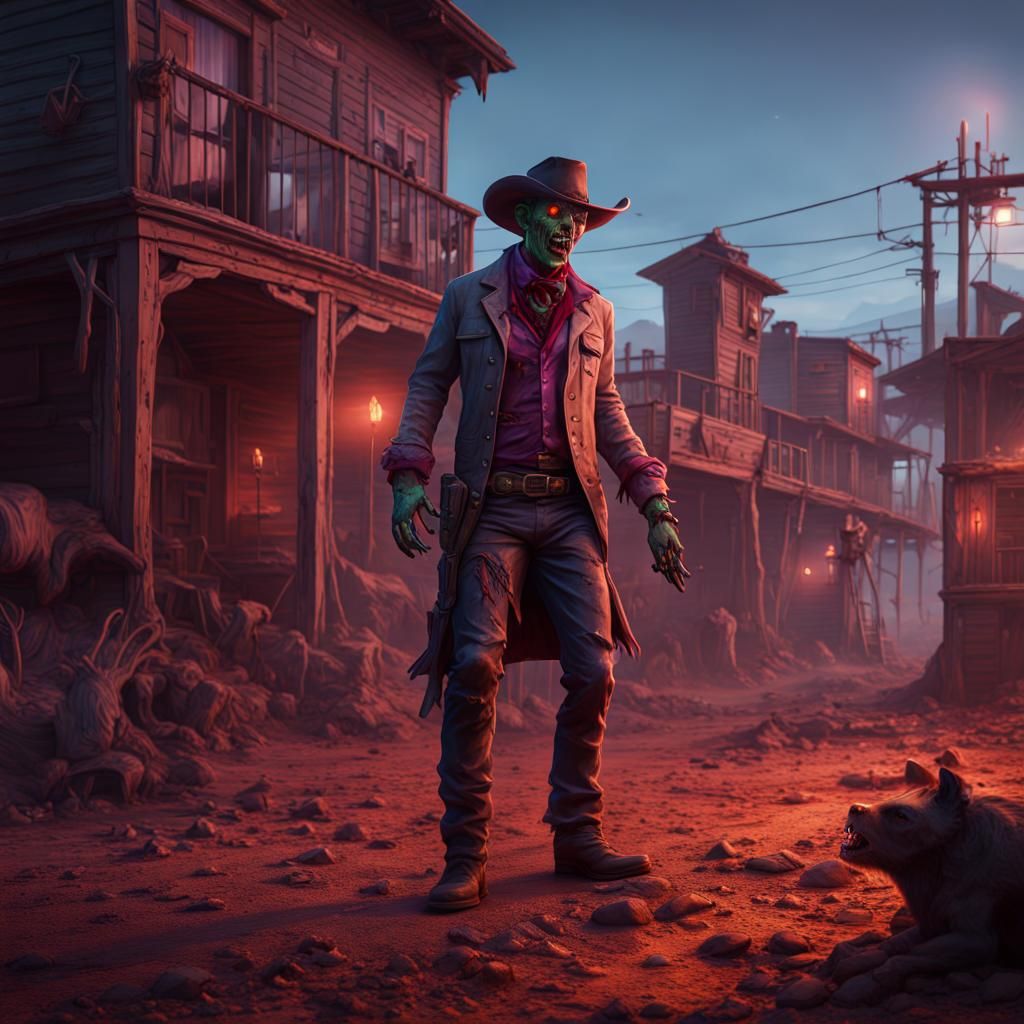 Zombie Cowboy in Neon Wild West Landscape