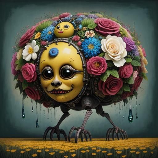 Distorted Figure Walking in Floral Field, Surreal Art