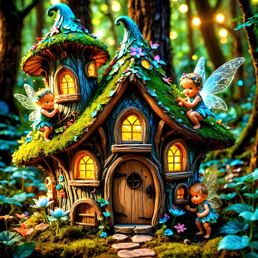 Fairy Babies Playing Near Magical Fairy House