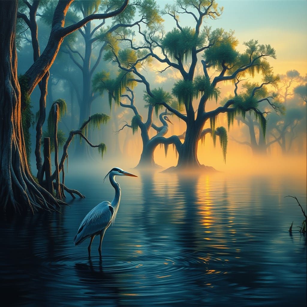Golden Twilight Bayou Scene with Majestic Blue Herons