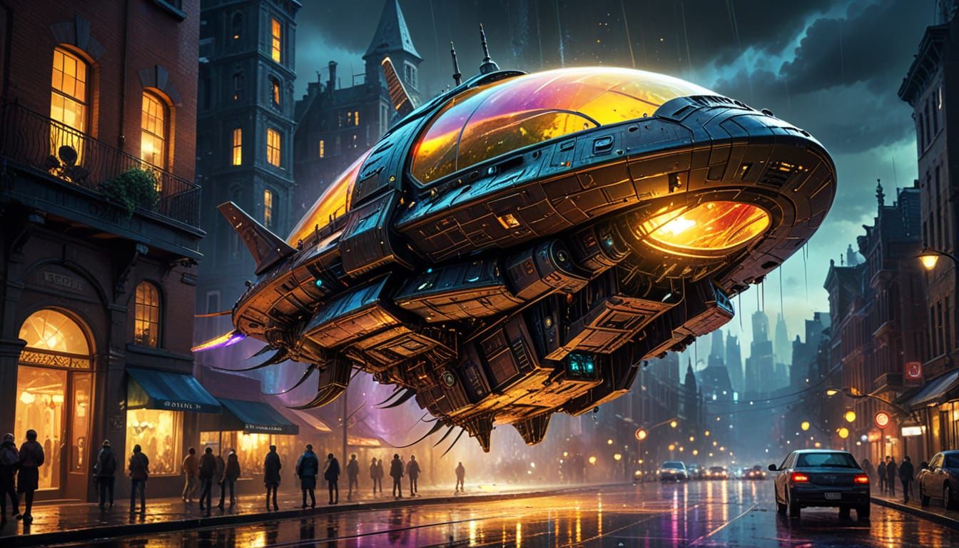 Steampunk Alien Spaceship in Vivid Night City