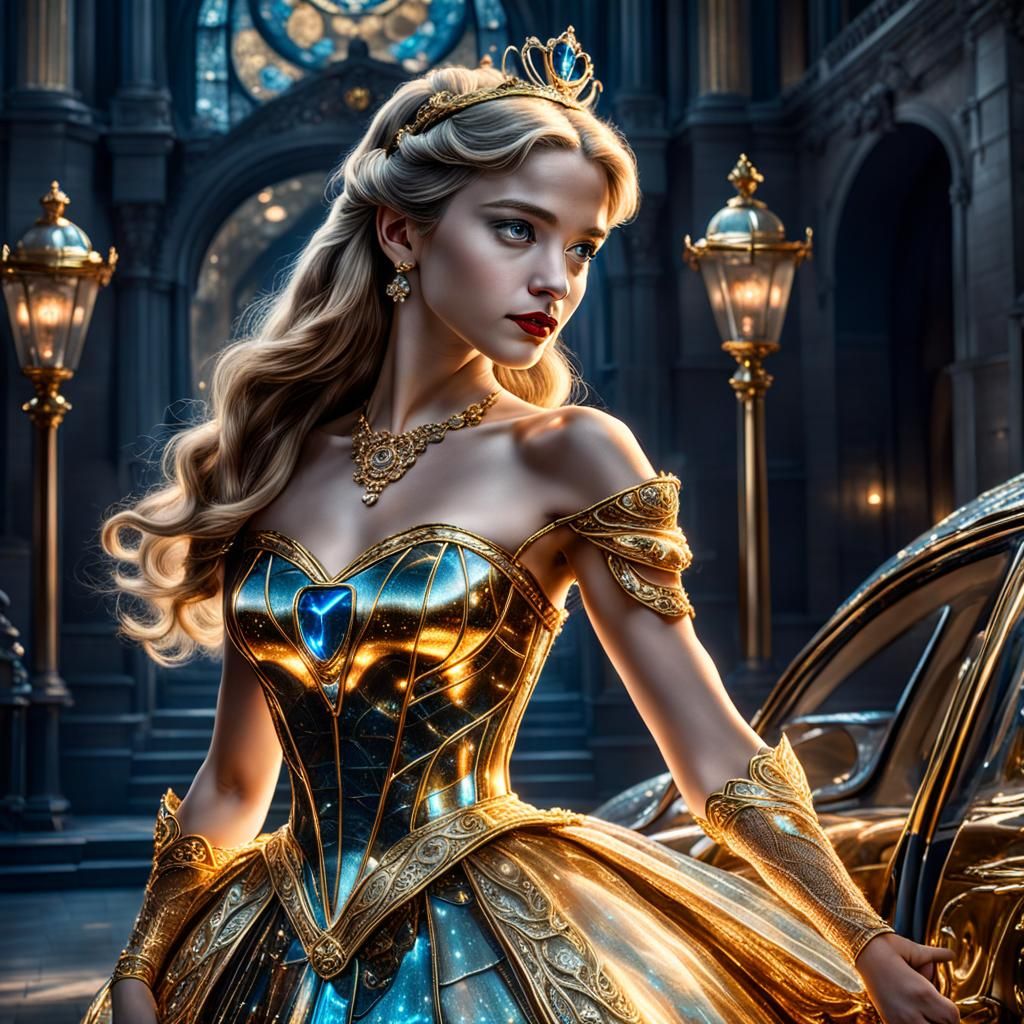 Hyperrealistic Cinderella in Glass Dress with Tesla Details