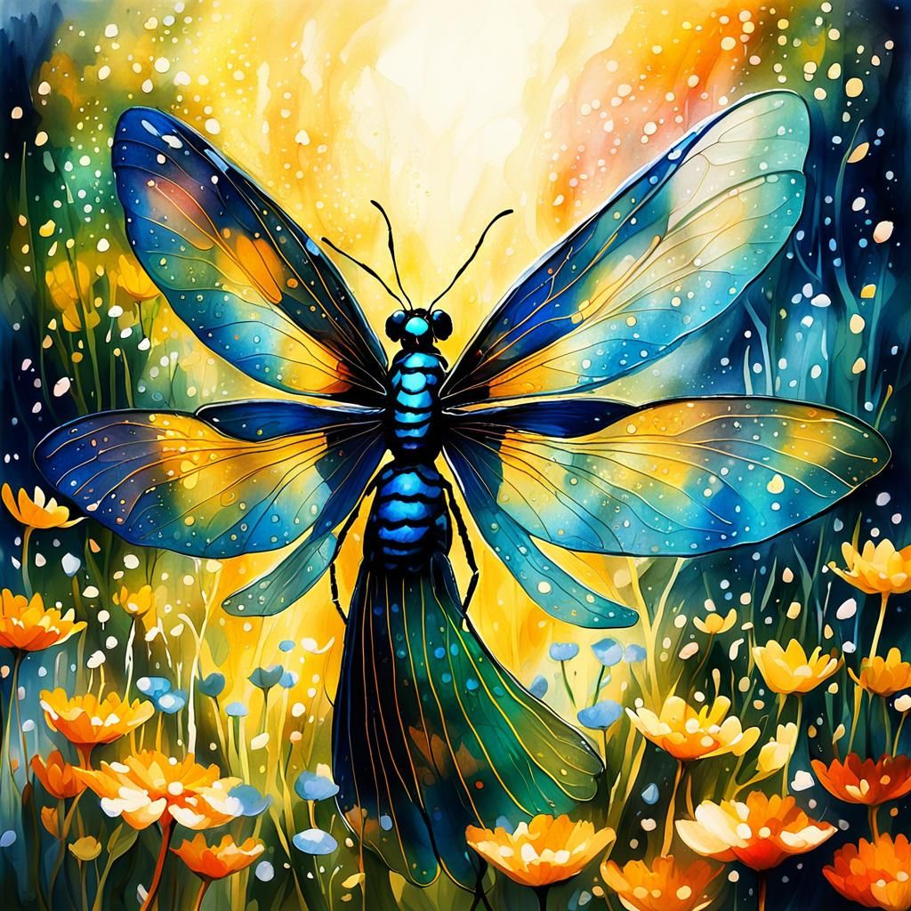 Dragonfly in Flowers: Expressionist Watercolor Concept Art