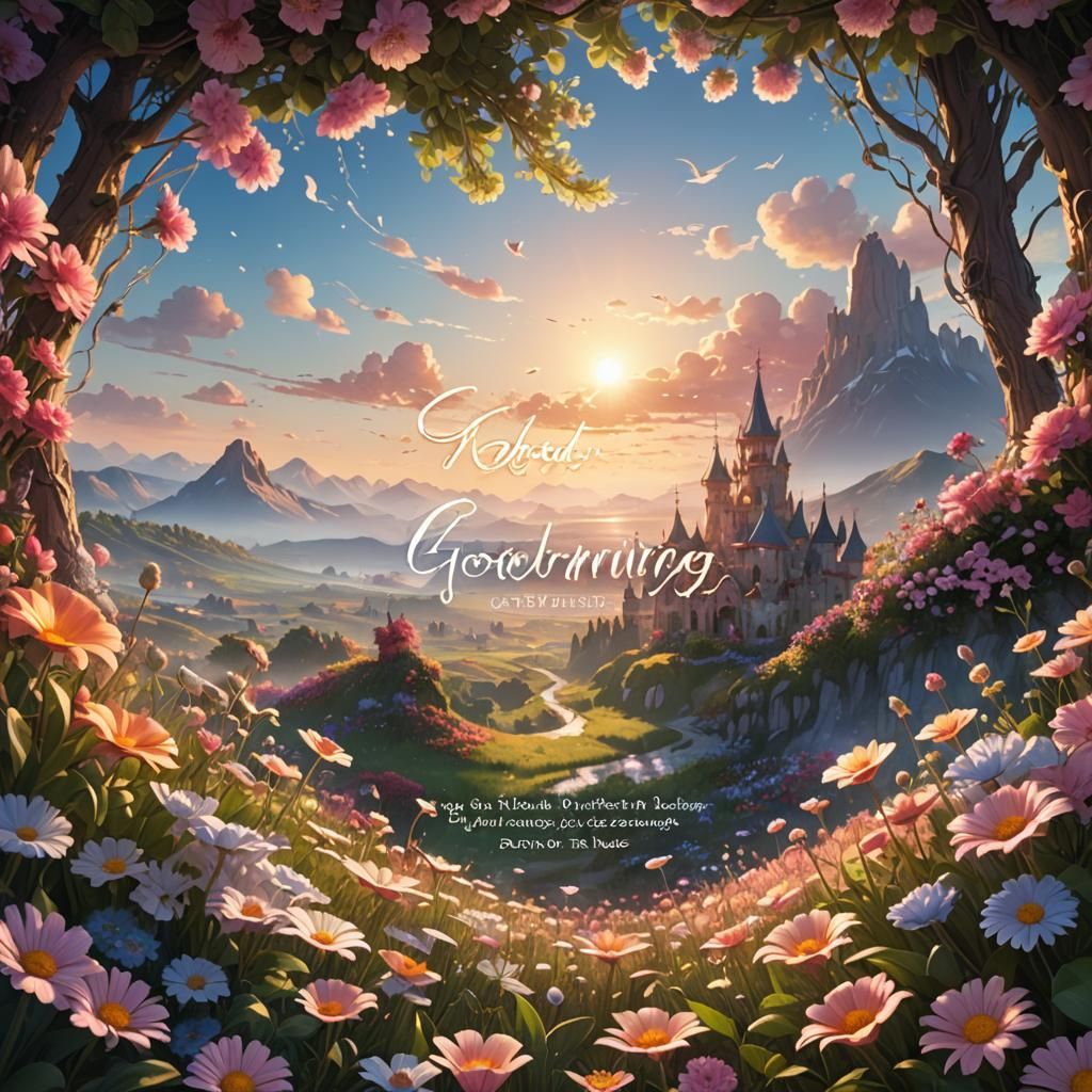 Fantastical Morning Scene with Flowers and Handwritten Text