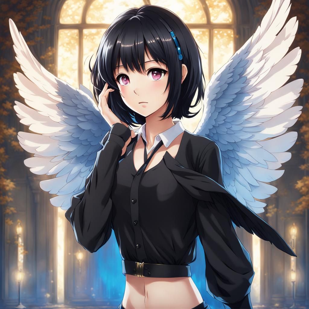 Anime Angel with Black Hair and Wings