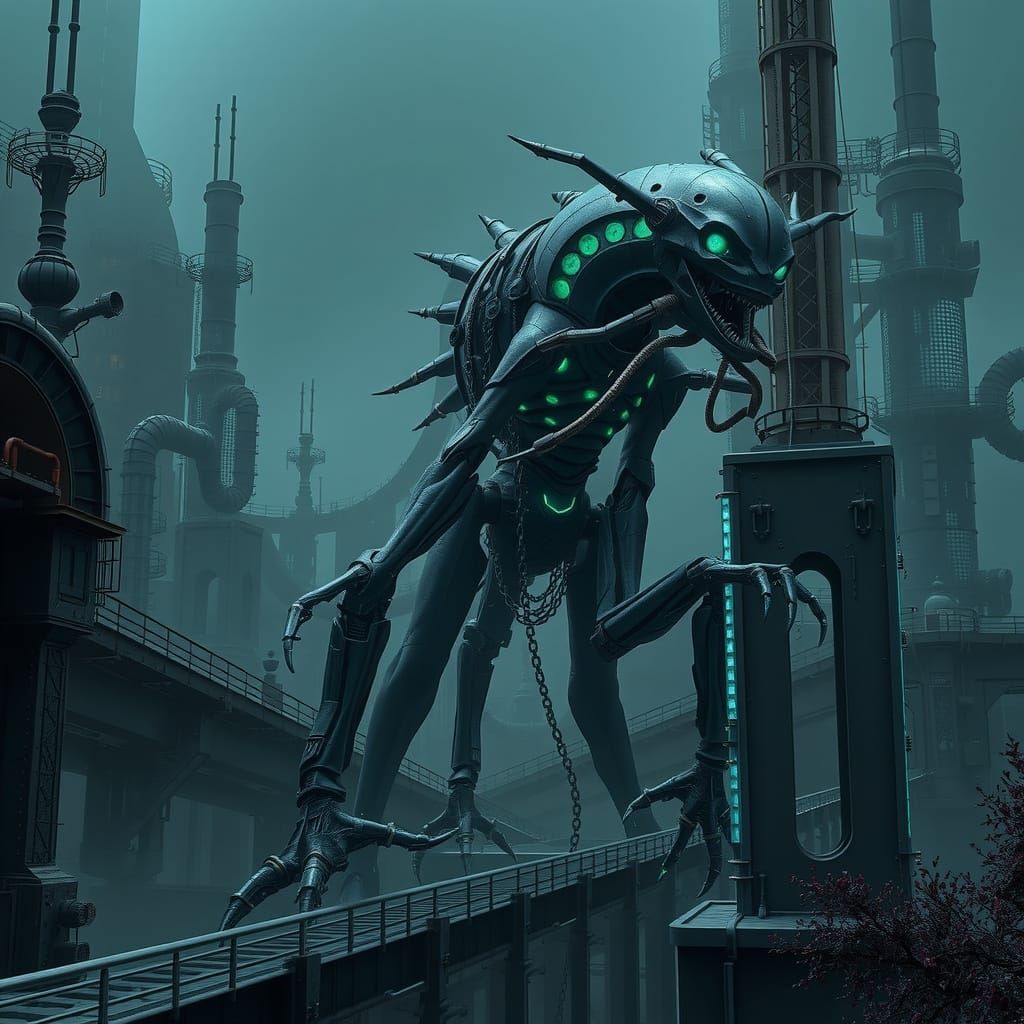 Giger-Inspired Biomechanical Beast Amid Brutalist Ruins