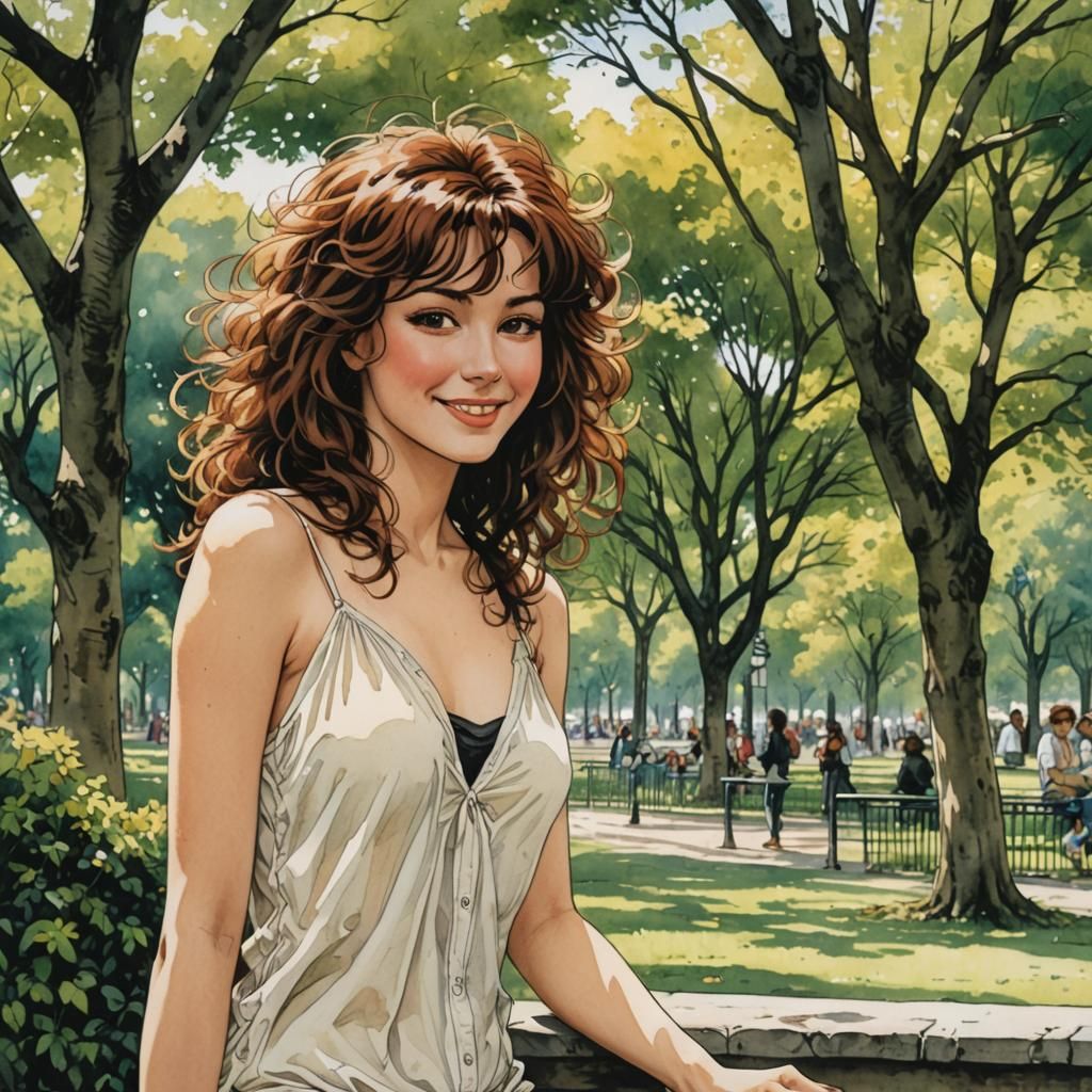 Smiling Bald Woman in Parisian Park, Anime Style