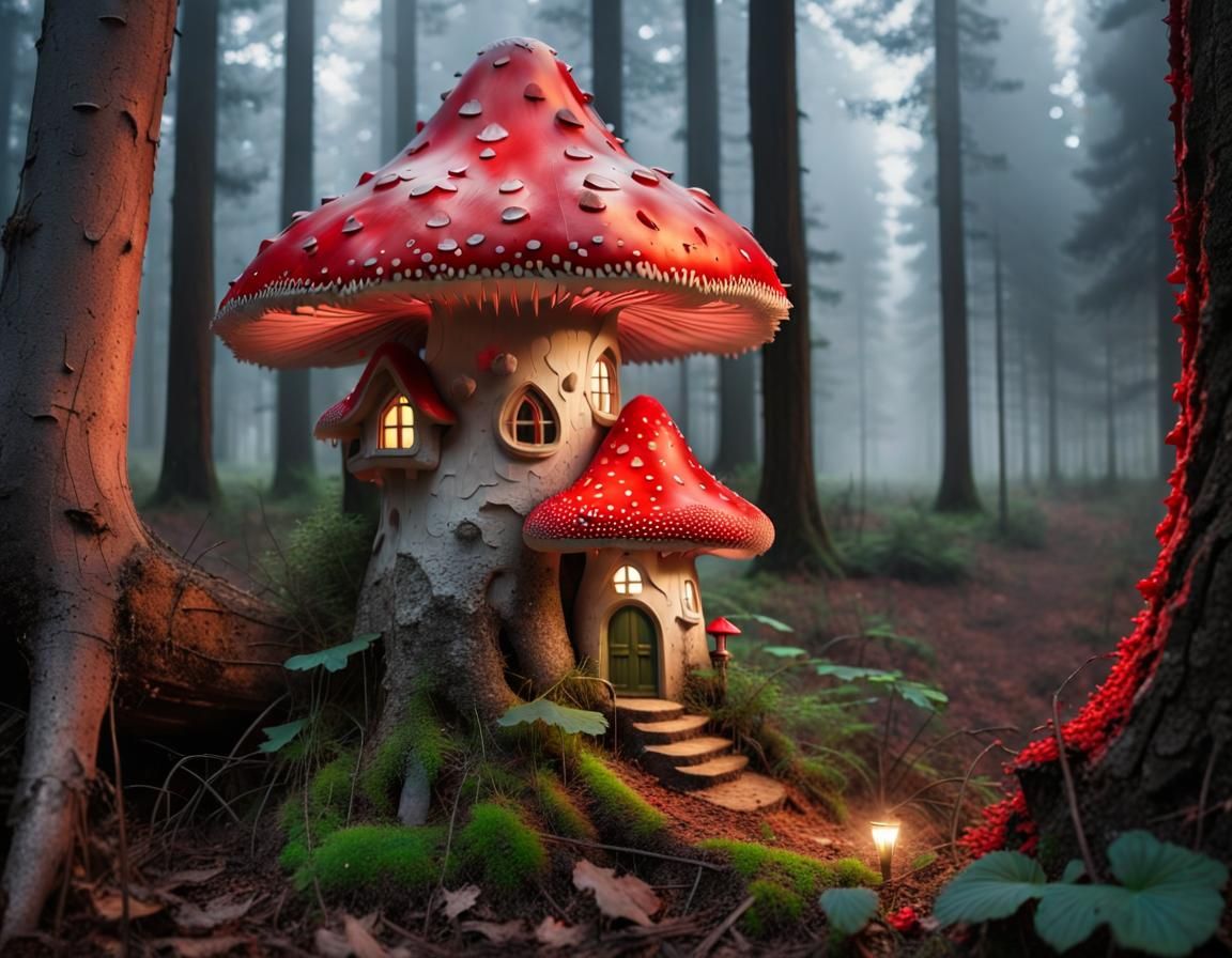 Enigmatic Forest with Red Mushroom and Gaudi House