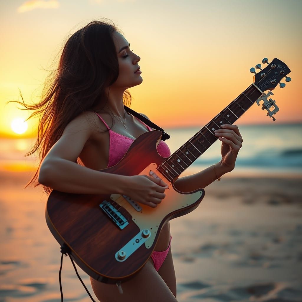 Surreal Double Exposure: Guitar, Beach Sunset, and Woman