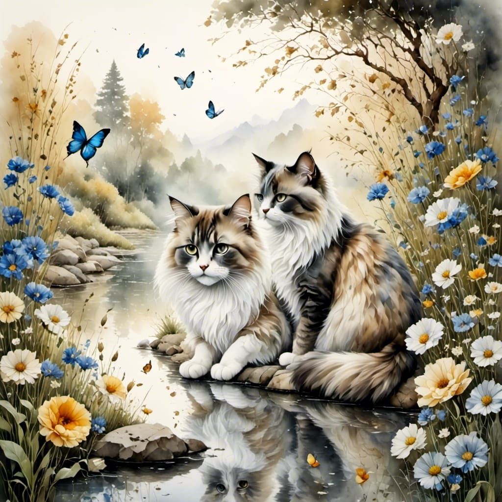 Ragdoll Cat in Zen Garden with Soft Colors