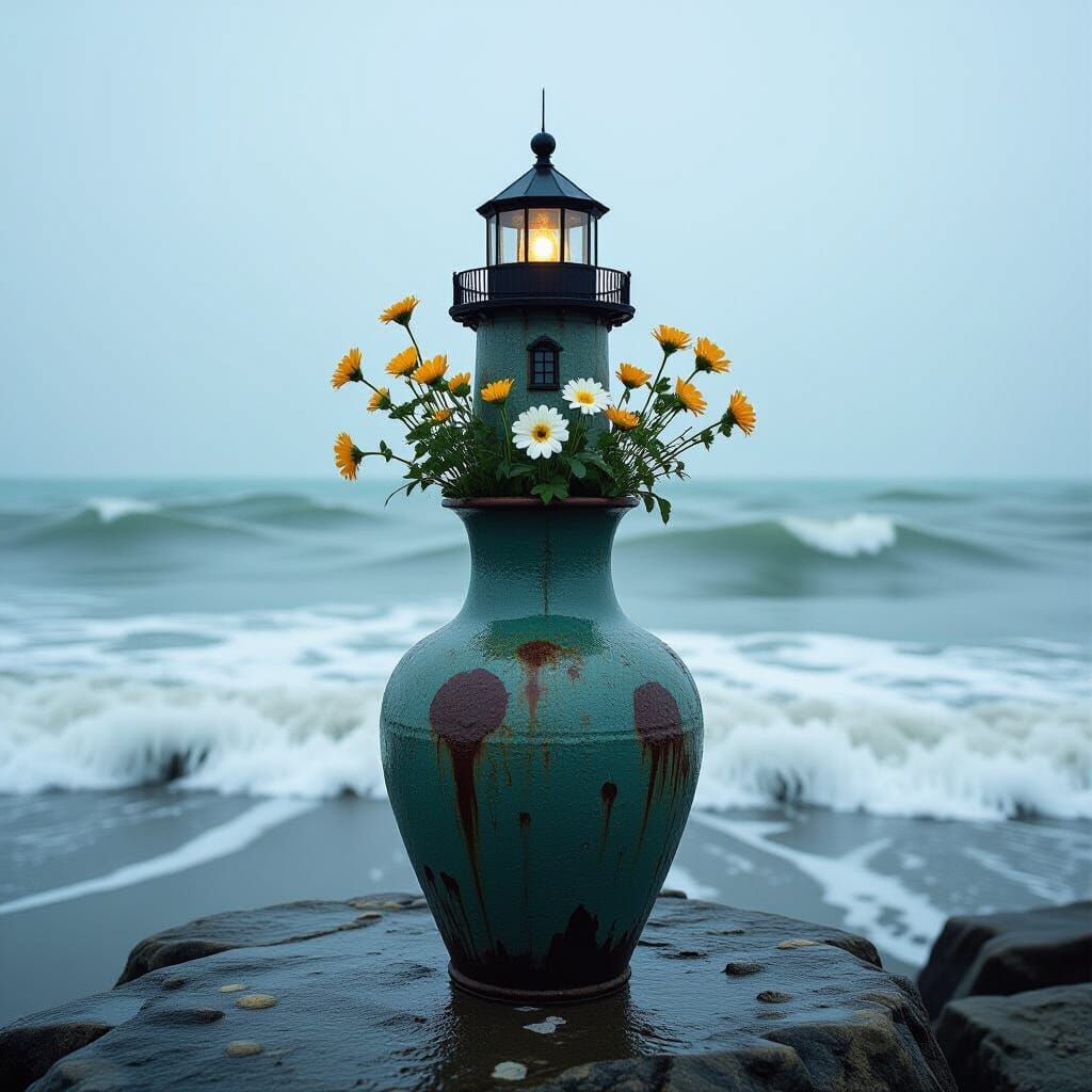 Stormy Lighthouse Vase on Island: Grainy Film Photo