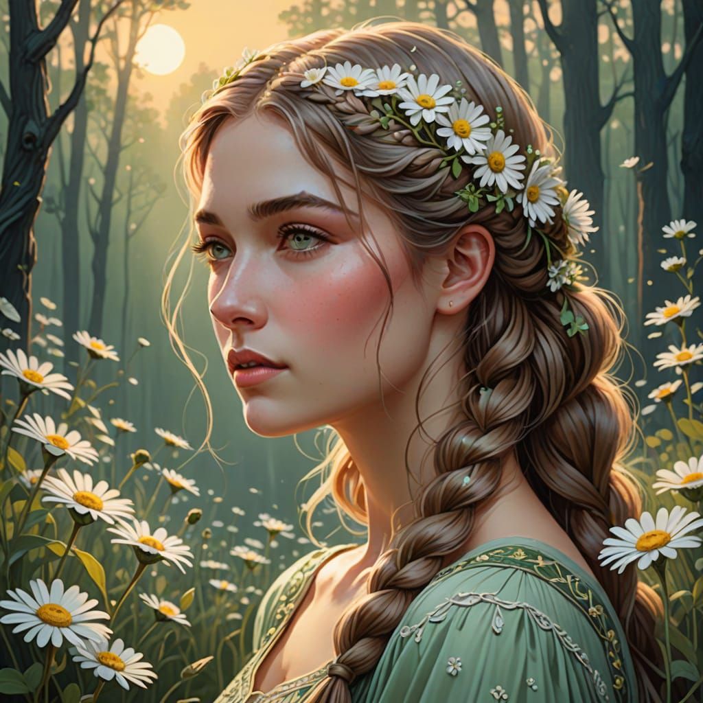 Art Nouveau Portrait of Woman in Daisy Meadow