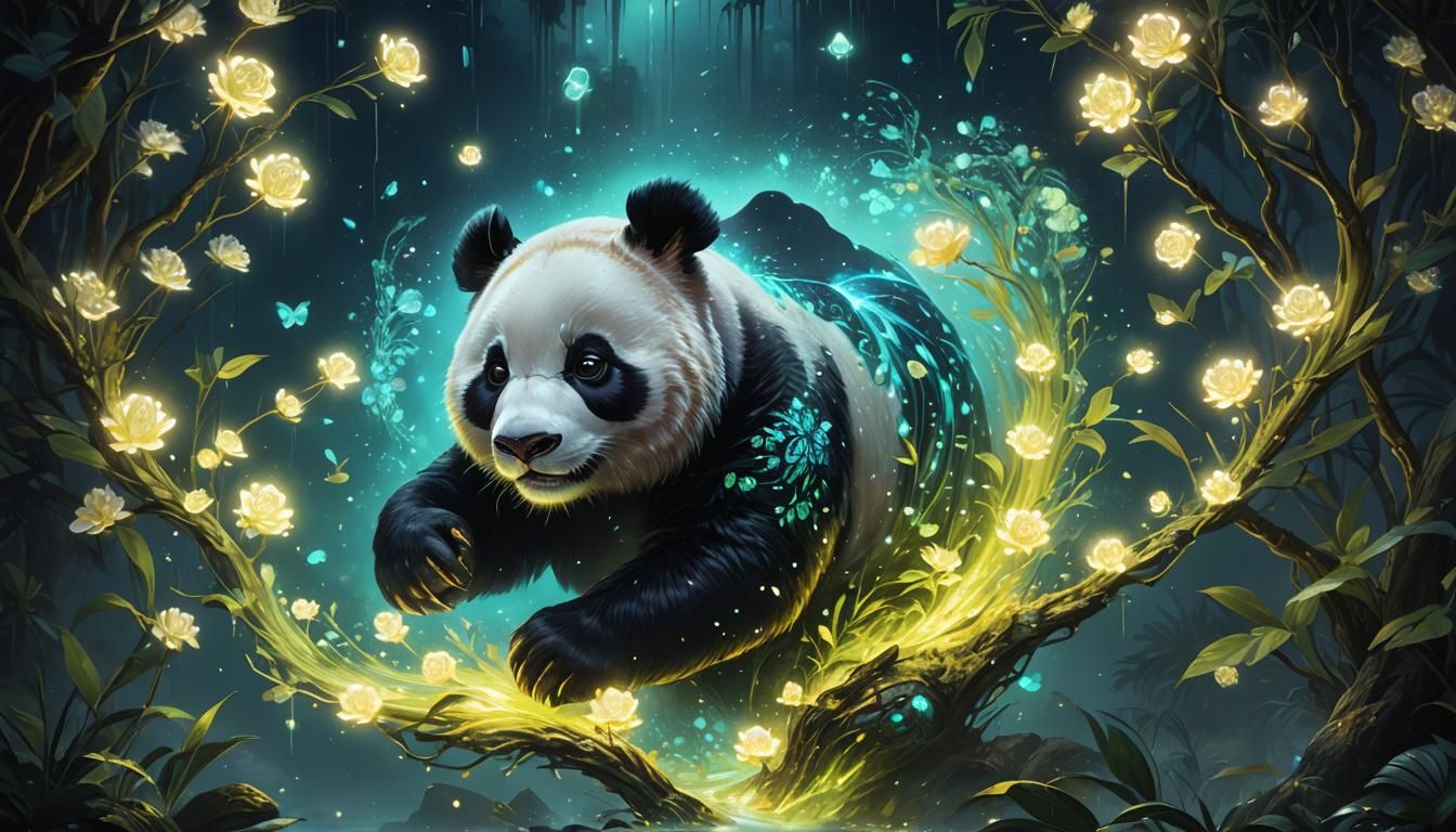 Bioluminescent Panda in the Dark: Fantasy Art